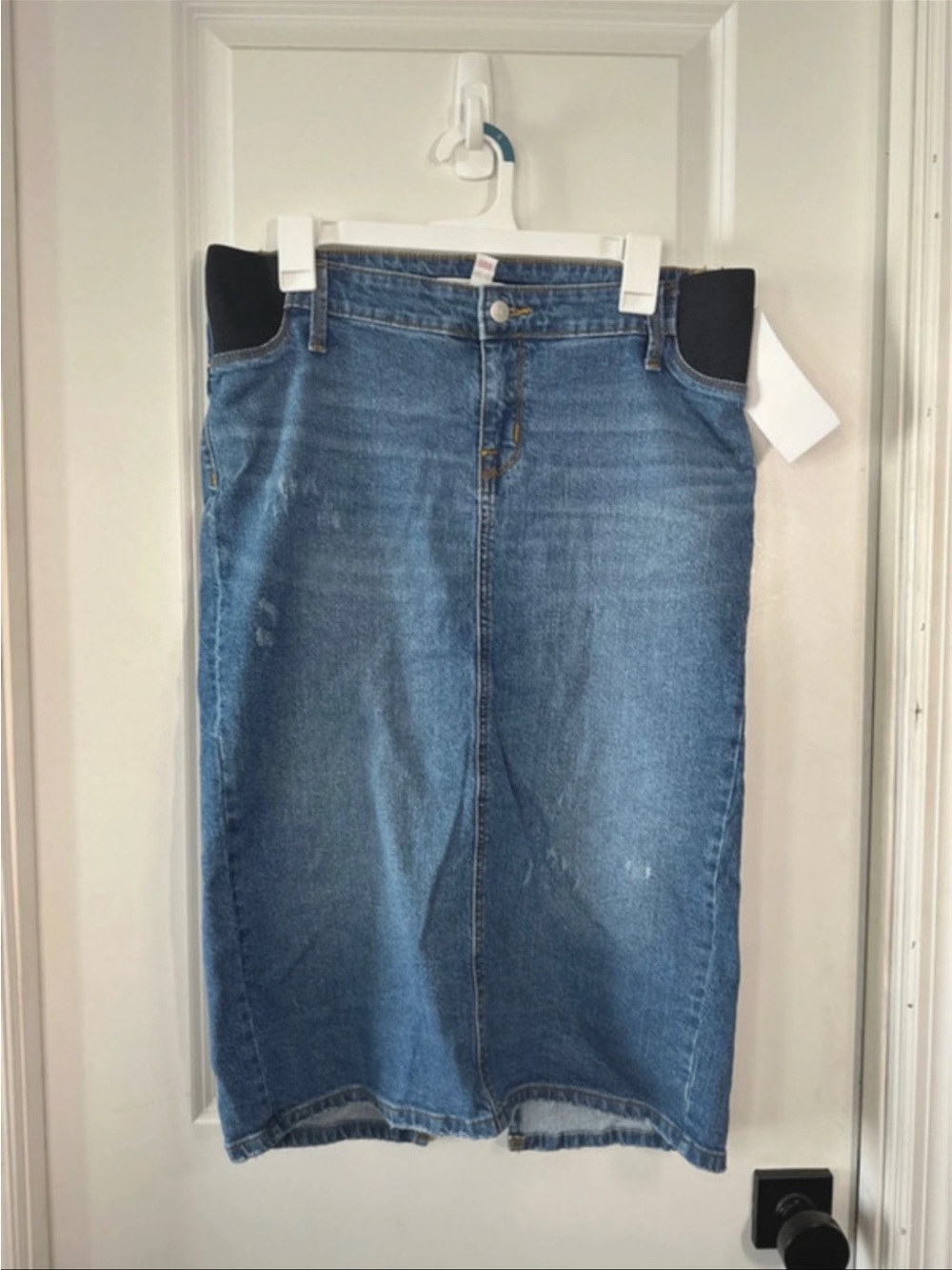 Isabel Maternity Blue Denim Skirt with Elastic Waist Panels